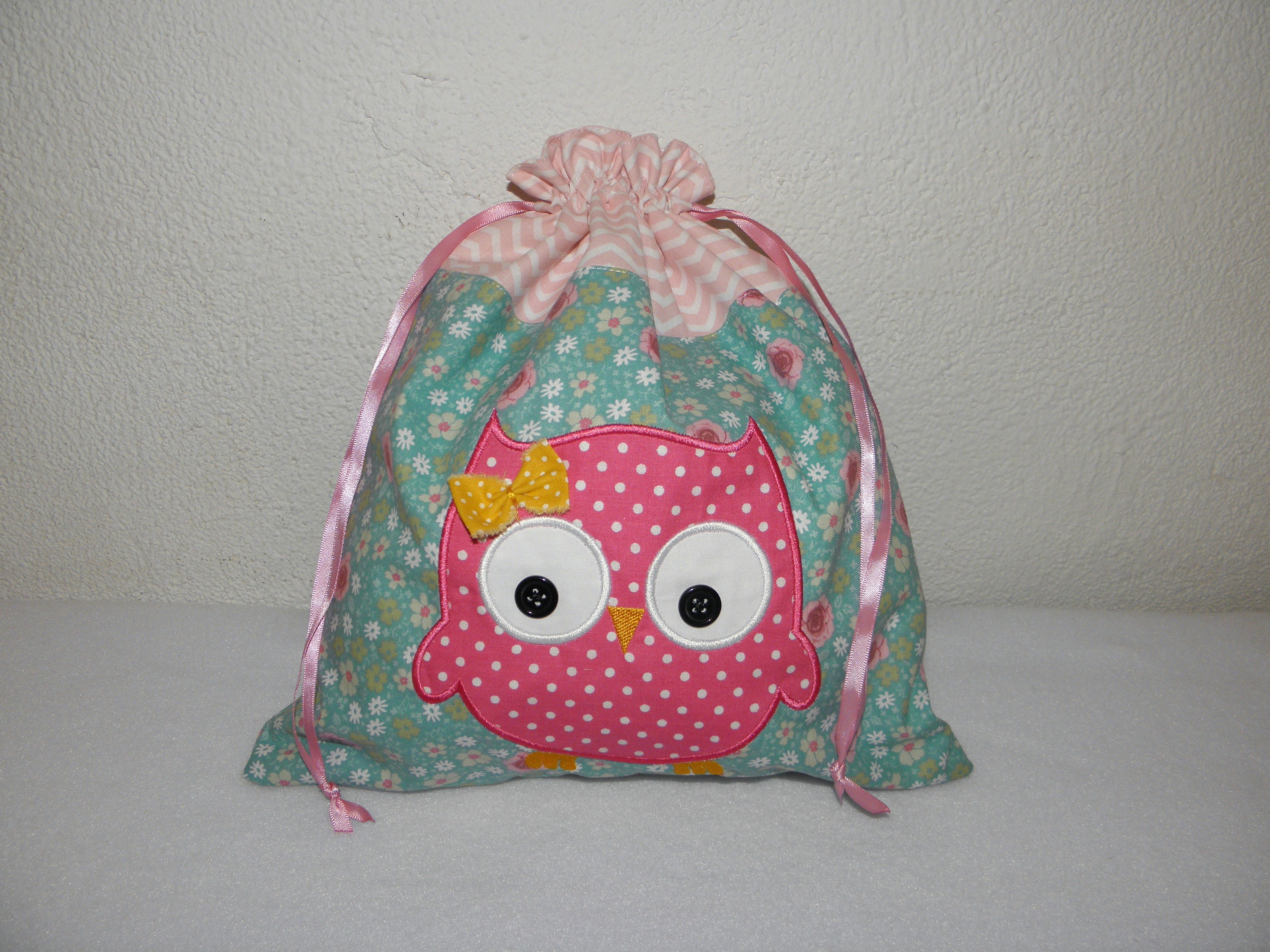 Pochon Enfant Hibou Brodé, Bleu, Rose, Pochon Doublé 31 X 33 cm