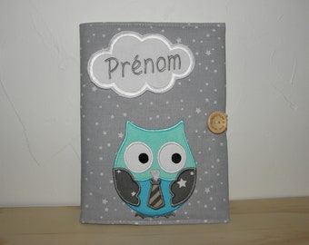 Protège carnet de santé personnalisable, hibou, gris/bleu, cadeau naissance