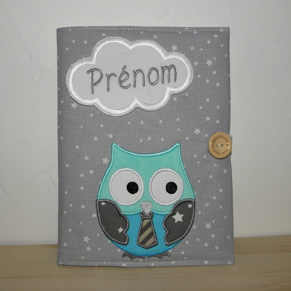 Protège carnet de santé personnalisable, hibou, gris/bleu, cadeau naissance