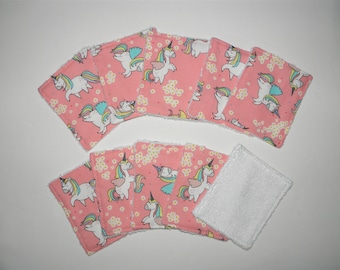 Lingettes lavables bébé ou lingettes démaquillantes en éponge de bambou et coton imprimé de licornes oeko tex, lot de 10