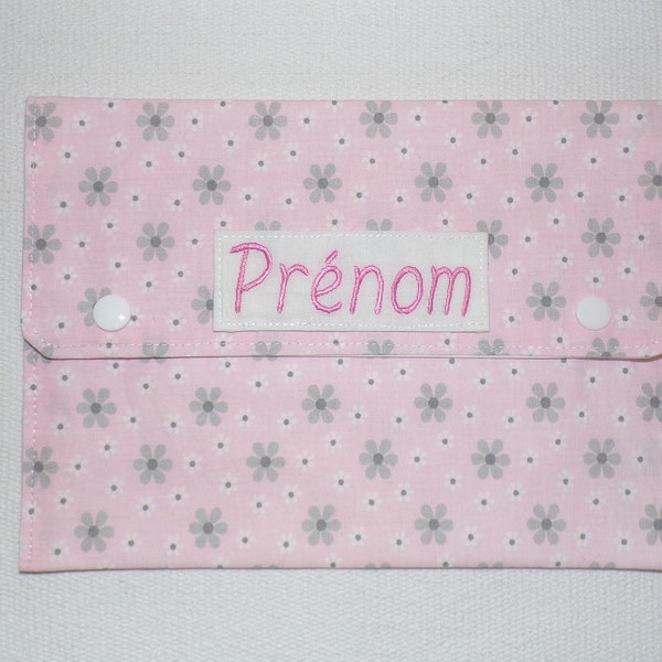 Pochette personnalisable pour serviette de table/serviette élastiquée enfant, rose à petites fleurs grises