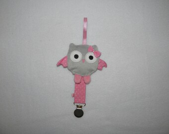 Attache tétine hibou, gris, rose, doudou accroche tétine, cadeau naissance