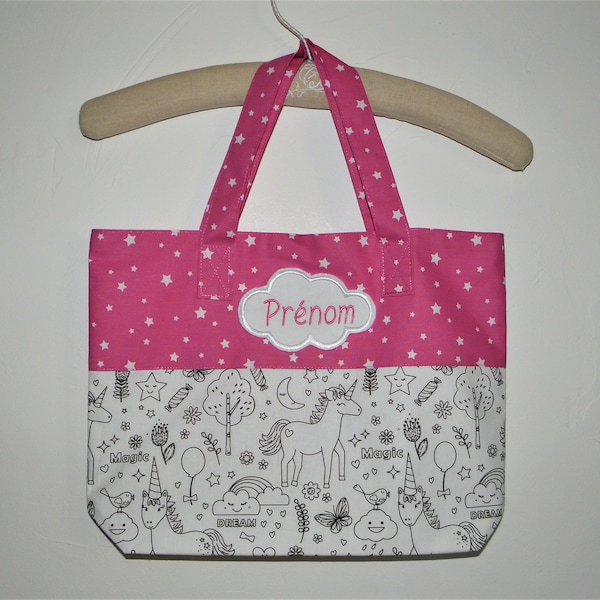 Tote bag enfant personnalisable, sac maternelle, sac crèche, sac à doudou, tote bag fille, tissu licornes à colorier