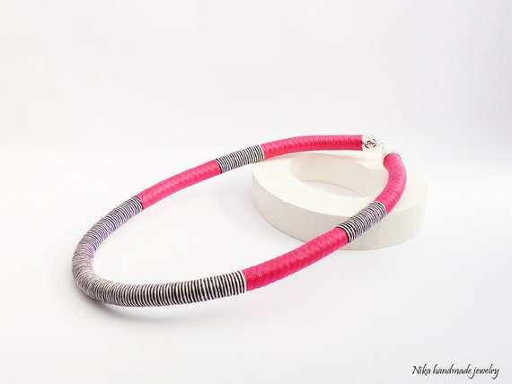 Black and white Necklace Tribal Boho Jewelry Unique Gift for Her Rope Color Block Chevron Necklace Textile Pink Necklace For Women