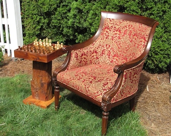 Wormy Chestnut Chess Table: Reclaimed Barn Beam, Weighted Chess Pieces, sku 15