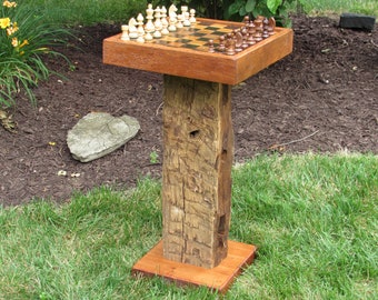 Wormy Chestnut Chess Table: Reclaimed Barn Beam, Weighted Chess PiecesSKU  #20