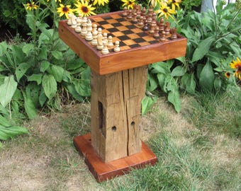 Wormy Chestnut Chess Table: Reclaimed Barn Beam, Weighted Pieces
