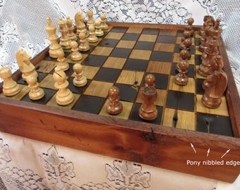 Current set that goes with any Chestnut Table, Reclaimed Wormy Chestnut Chess Set: 1830s Barn Wood, Pony Nibbled Edge, Heirloom Game