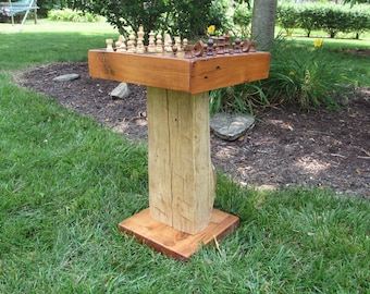 Wormy Chestnut Chess Table: Reclaimed Barn Beam, Weighted Chess Pieces