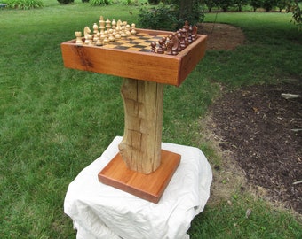 Handmade Wormy Chestnut Chess Table Set: Reclaimed Barn Beam Pedestal