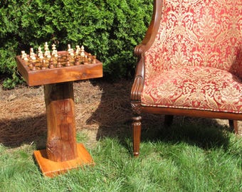 Handmade Wormy Chestnut Chess Table Set: Reclaimed Barn Beam Pedestal sku 14