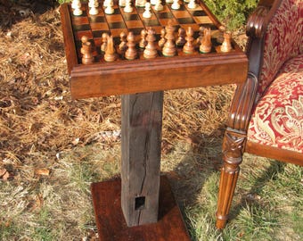 1830s Cherry Barn Beam Chess Table with Weighted Pieces
