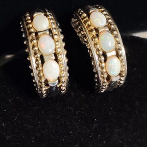 Sterling Silver AUSTRALIAN OPAL 3-Stone J-Hoop Earrings, Milgrained Edges, Approximately 3/4" Long