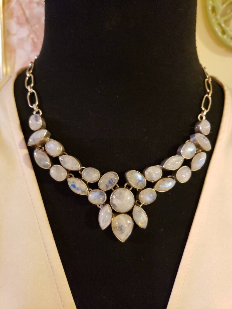 18 Long Toggle Clasp Sterling Silver RAINBOW BLUE MOONSTONE Mosaic Bib Necklace