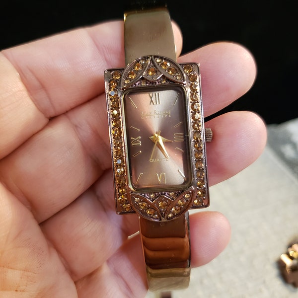 JOAN RIVERS WATCH, Chocolate Bronze Metal And Crystal Bezel, Removeable Links, Rectangular Face