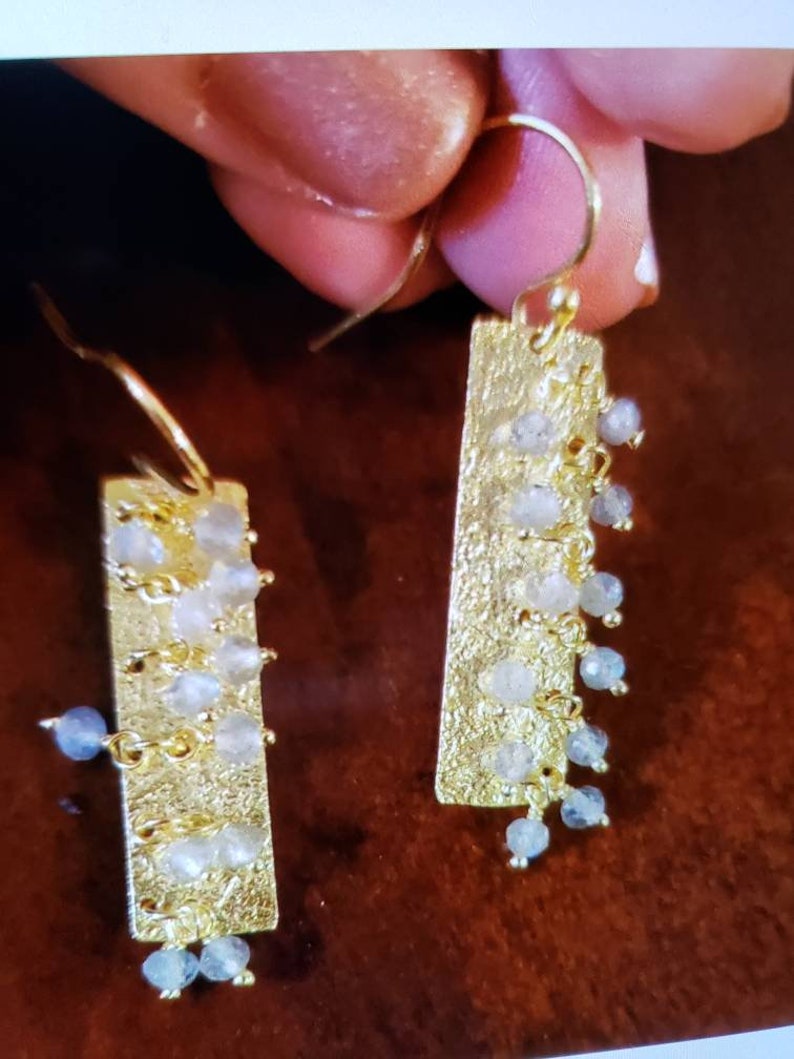 New 14K Yellow Gold Over Sterling Silver FACETED LABRADORITE Dangle Earrings Textured RECTANGLES With Faceted Beads Dangling 1 78 Long