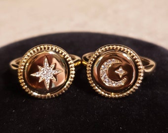 14K Gold Over Sterling Silver REVERSIBLE FLIP RING, Celestial Star To Crescent Moon, Both Sides With Cubic Zirconia Accents, Size 7