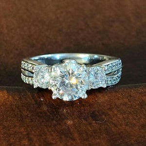 Sterling Silver 3-STONE ENGAGEMENT Or WEDDING Ring, Cubic Zirconia, 7.5mm Round Center Solitaire, Size 8