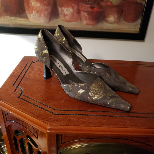 MONZO & FRANCO D'Orsay Shoes, Pointed Toes, Tooled Brown Leather With Custom Handpainted Gold Accents, 7M, 2.75" Heels