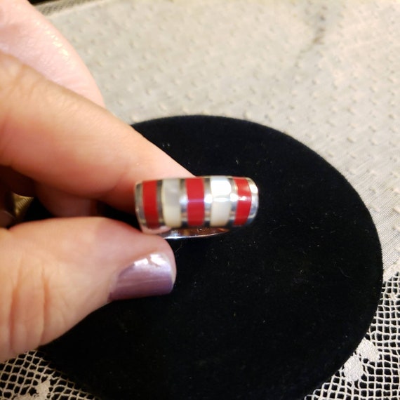 Sterling Silver INLAID RED CORAL & White Mother O… - image 3
