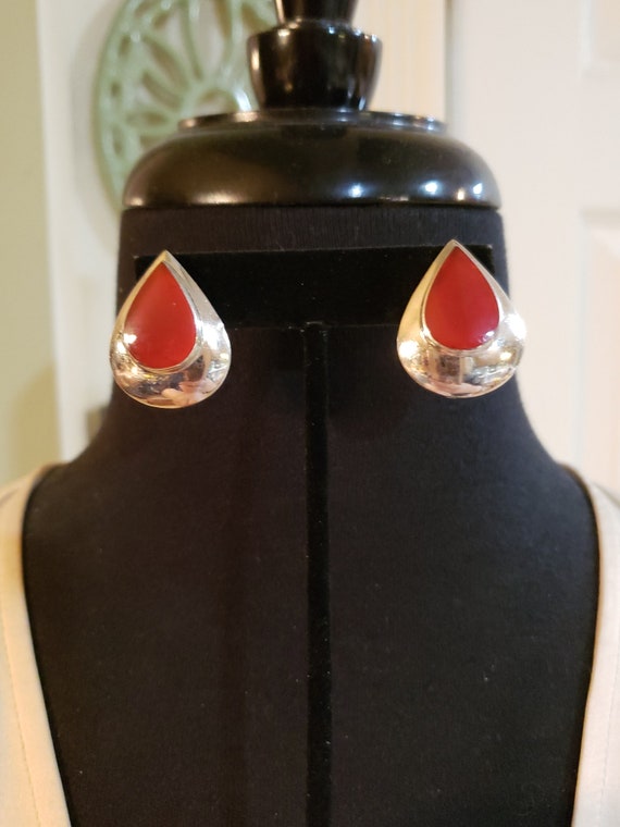Sterling Silver CARNELIAN TEARDROP Button Earring… - image 2