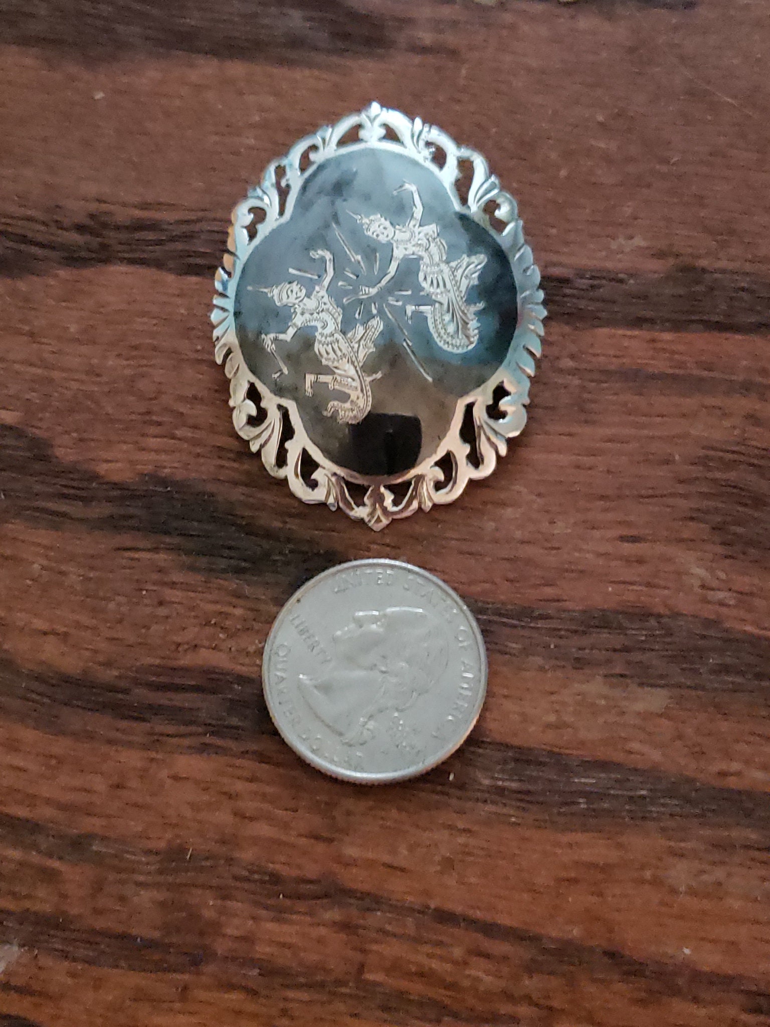 Vintage SIAM STERLING SILVER Large Oval Pin Brooch, Scrolled