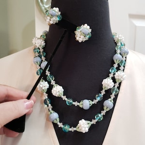 VINTAGE 1950s Pastel Blue & Green Beaded 2-Strand Necklace and Clip Earring SET, Made In JAPAN