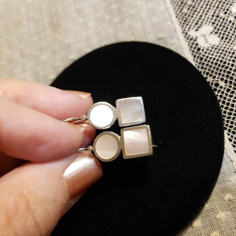 Circle Over A Square 1 Long Sterling Silver WHITE MOTHER Of PEARL Dangle Earrings Made In Thailand