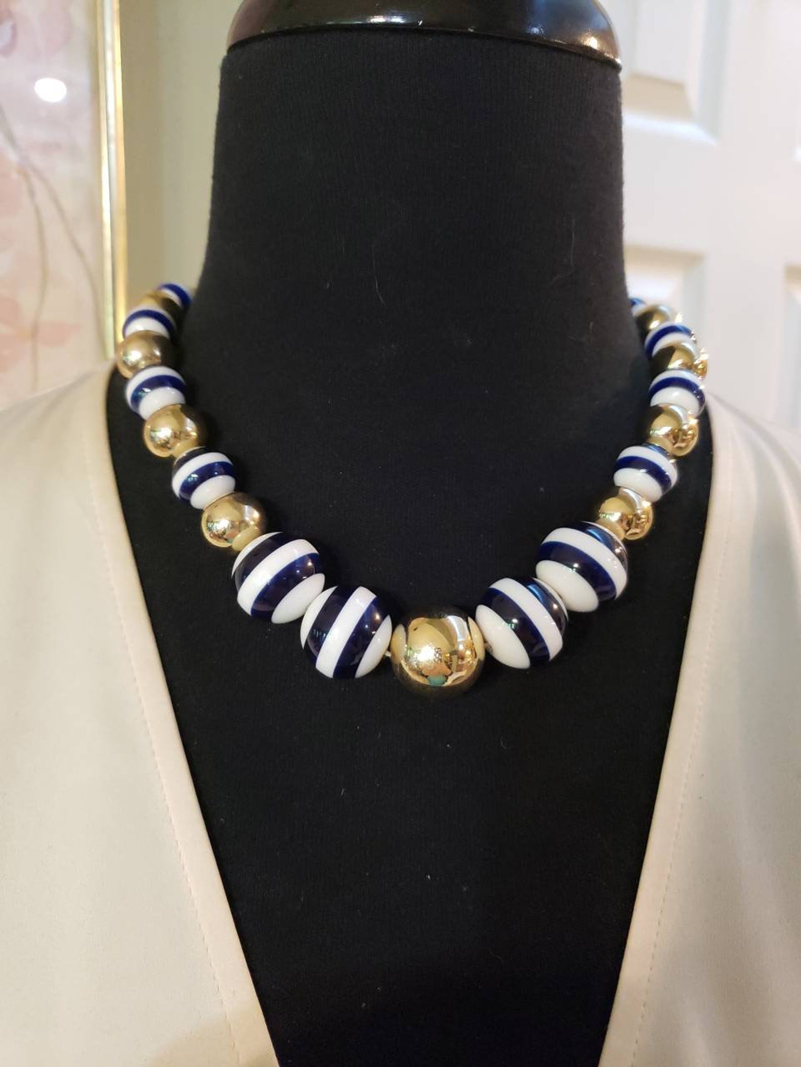 Vintage Talbots Graduated Navy Stripe And Gold Bead Necklace Etsy