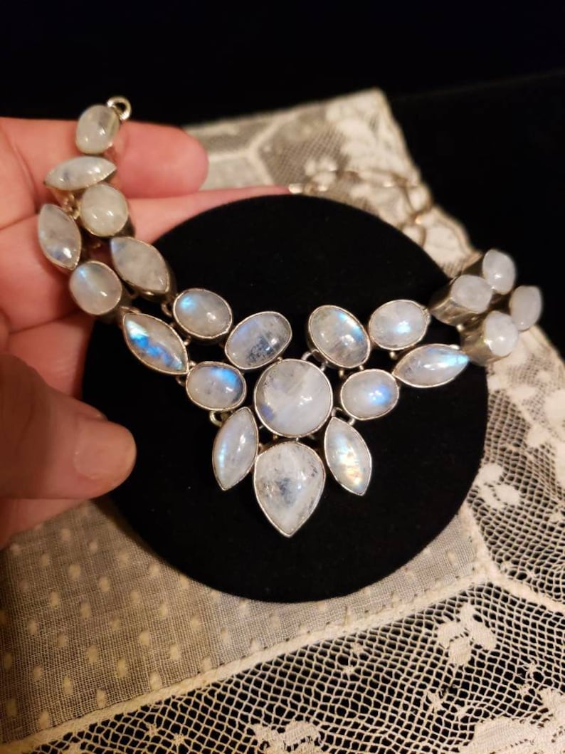 18 Long Toggle Clasp Sterling Silver RAINBOW BLUE MOONSTONE Mosaic Bib Necklace