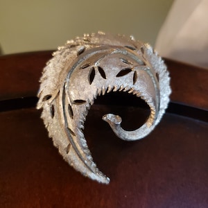 ELEGANT SILVER Plume Or Curled Leaf Pin Brooch, Signed BSK, 2&quot; Diameter