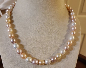 Untreated Natural PASTEL PEARL STRAND Necklace, 8mm, Sterling Silver, 17"- 19"
