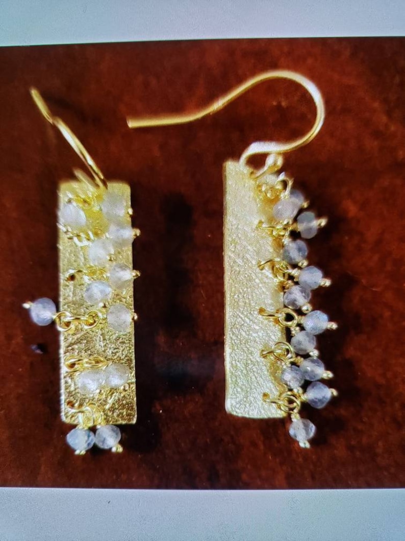 New 14K Yellow Gold Over Sterling Silver FACETED LABRADORITE Dangle Earrings Textured RECTANGLES With Faceted Beads Dangling 1 78 Long