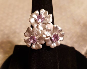 Sterling SILVER THREE FLOWER Amethyst Ring, Matte Finish, 25mm Round, Size 7.5, Easily Sizeable, Made From A Pendant