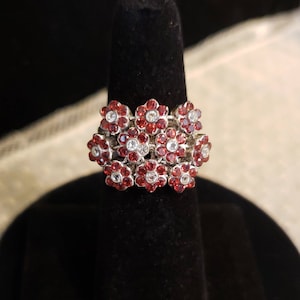 STERLING SILVER GARNET Moveable Flower Ring, Size 7, Clear Cubic Zirconia Center Accents