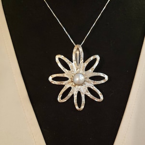 STERLING SILVER 9mm MABE Pearl Flower Necklace, 2&quot; Diamond-Cut Open Design, Includes 18&quot; Sterling Chain