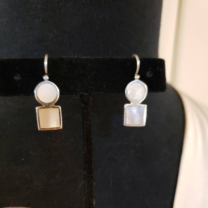 Circle Over A Square 1 Long Sterling Silver WHITE MOTHER Of PEARL Dangle Earrings Made In Thailand