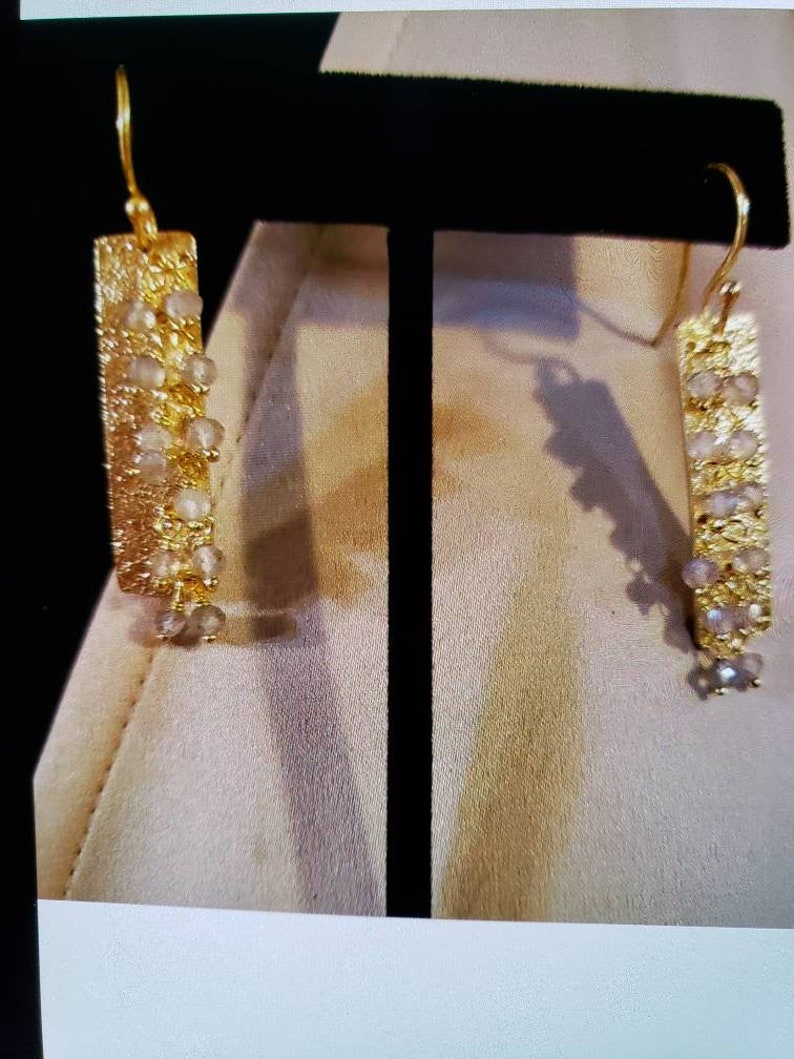 New 14K Yellow Gold Over Sterling Silver FACETED LABRADORITE Dangle Earrings Textured RECTANGLES With Faceted Beads Dangling 1 78 Long