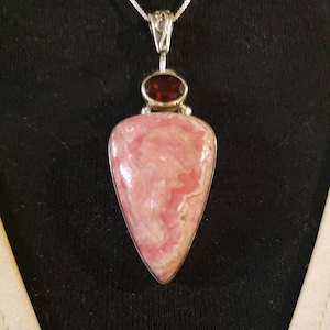 RHODOCHROSITE & GARNET STERLING Silver Necklace, 18&quot; Chain, Handcrafted, Pendant Measures 2.5&quot; Long