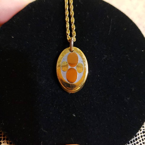 Handcrafted Inlaid SILVER, COPPER, & BRASS Pebble Necklace, 16&quot; 12K Gold Filled Chain, Vintage Estate Piece, Look Of Tricolor Gold