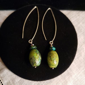 Sterling Silver CHRYSOCOLLA & AZURITE Dangle Earrings, 2 3/8&quot;, Long French Wire