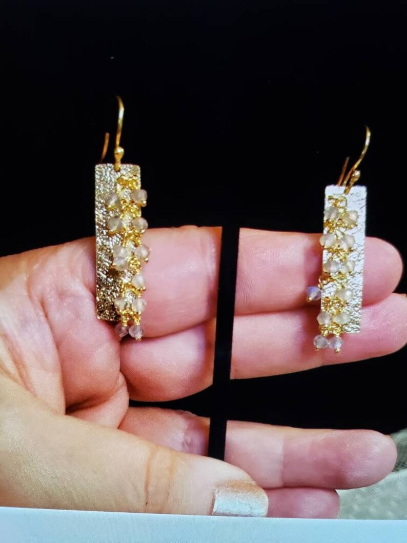 New 14K Yellow Gold Over Sterling Silver FACETED LABRADORITE Dangle Earrings Textured RECTANGLES With Faceted Beads Dangling 1 78 Long