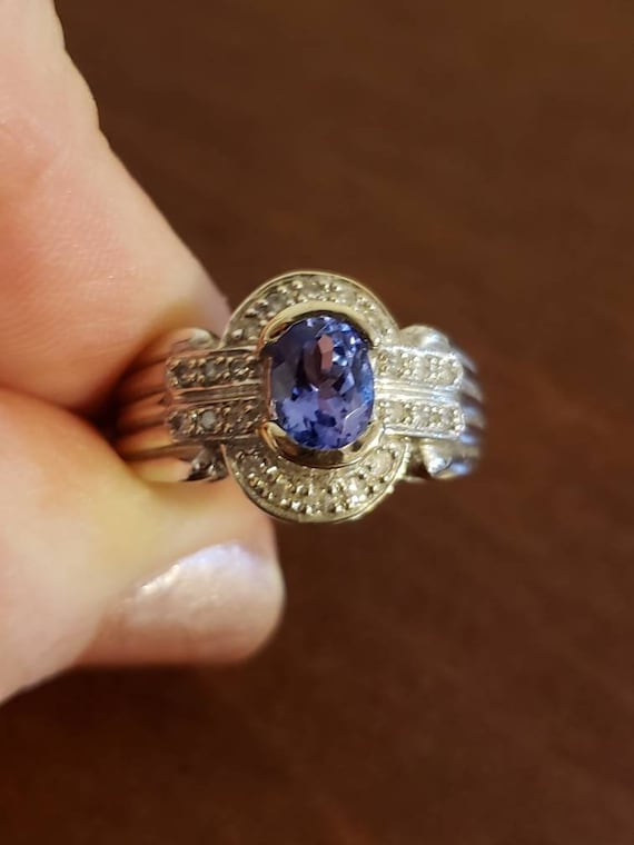 14K White Gold Oval TANZANITE and DIAMOND HALO Rin