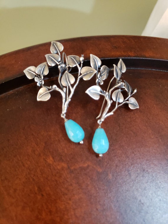 Sterling Silver IVY LEAF BRANCH Earrings With Fac… - image 1