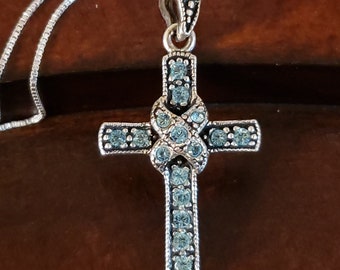 Sterling Silver BLUE CRYSTAL CROSS Necklace, 1.25" Long Plus 18" Chain