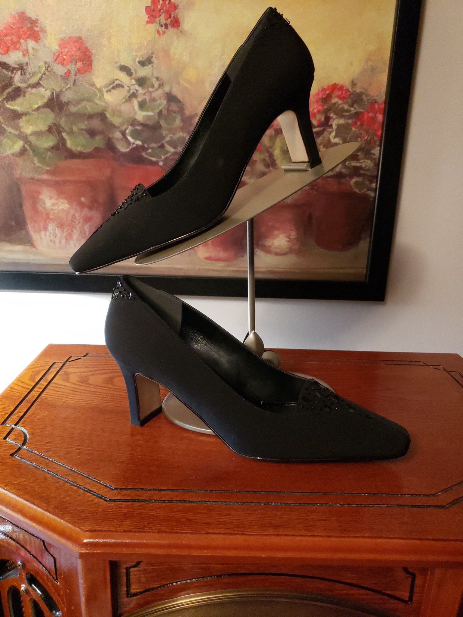 J. RENEE Matte Black Fabric Beaded Accents Pump Dress Shoe 8M, 2.5" Heels,  Leather Sole, With Original Box - Etsy