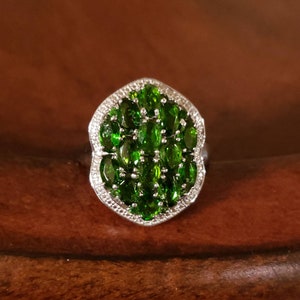 Sterling SILVER CHROME DIOPSIDE Cluster Ring, Size 10, Big Gem Presence!