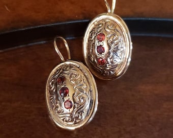 14K ROSE GOLD GARNET Drop Earrings, Domed Embossed Ovals With Engraving, Elongated French Hooks, 7.0 Grams