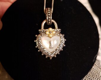 BARBARA BIXBY HEART Padlock Mother Of Pearl Enhancer Pendant Necklace, Sterling Silver & 18K Gold, 18" Chain
