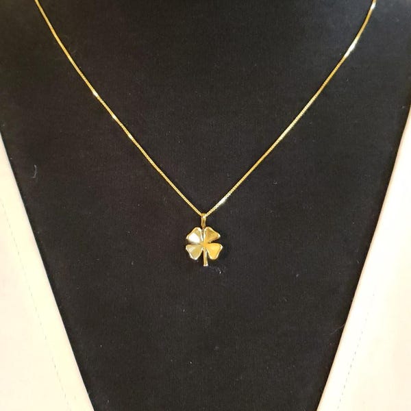 Gold Over Sterling Silver FOUR LEAF CLOVER Charm Necklace, 18" Box Chain, Brand New